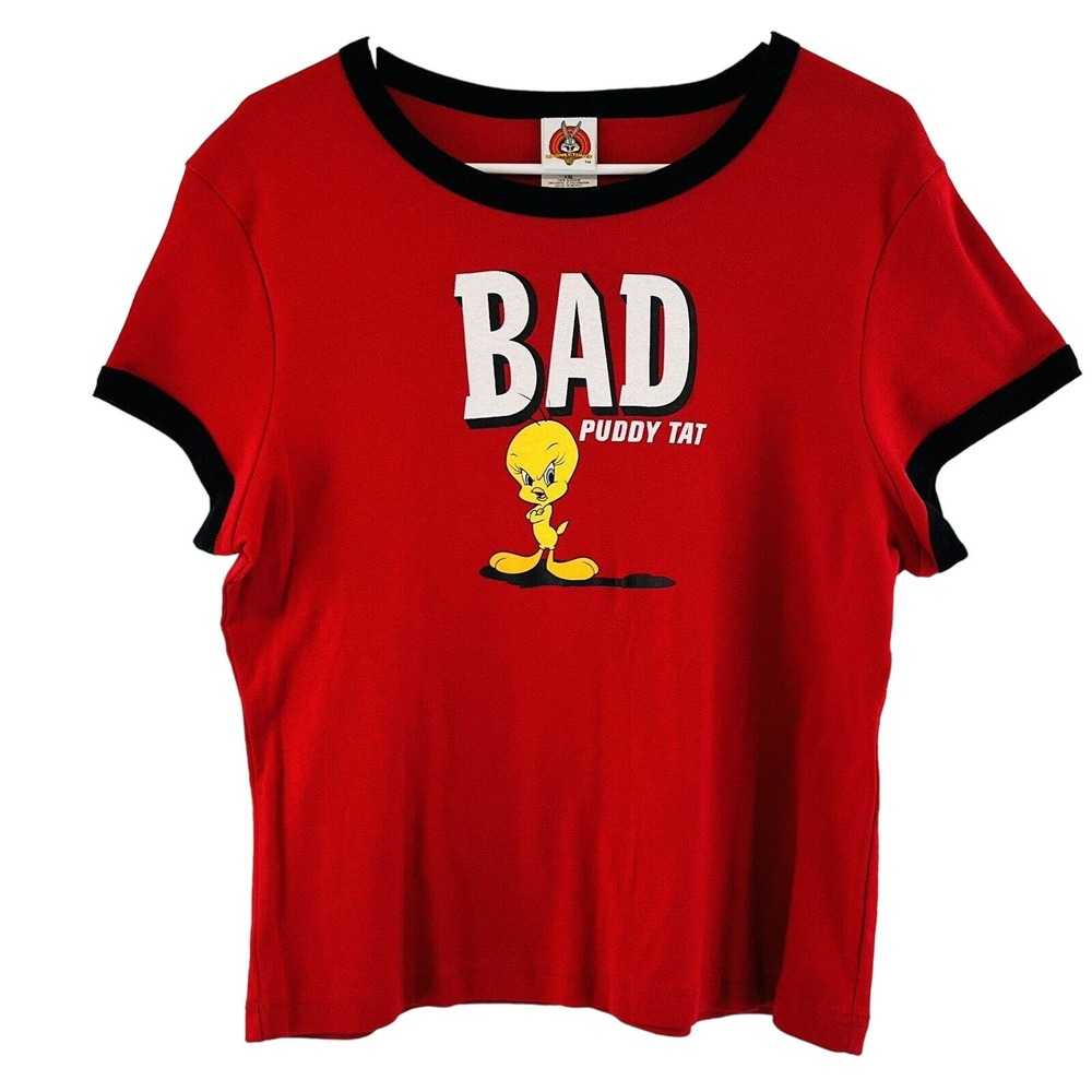 Vtg Juniors XXL Tweetie Bad Puddy Tat Baby Tee Red Jerry‎ Leigh Looney Tunes 90s